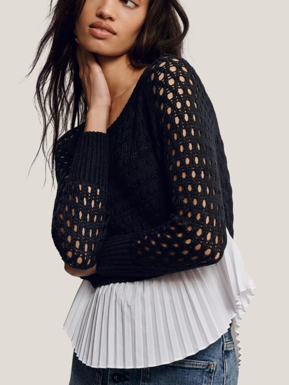 Anthropologie Maeve Layered Pleated Sweater Long Sleeve Black Small